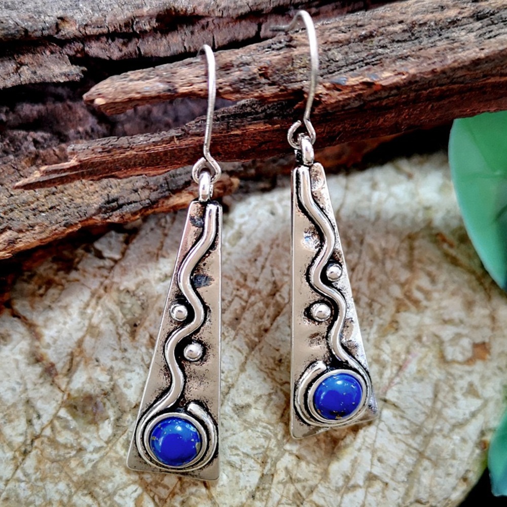 Metal Silver Boho Inlaid Blue Stone Drop Earrings
